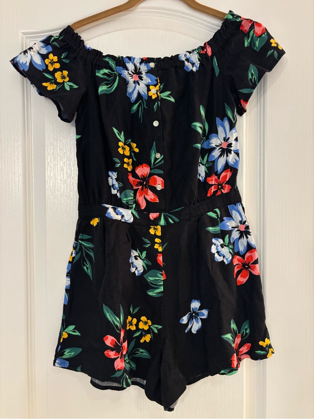Old Navy Black Off-Shoulder Romper with Red, Blue & Yellow Floral Print
